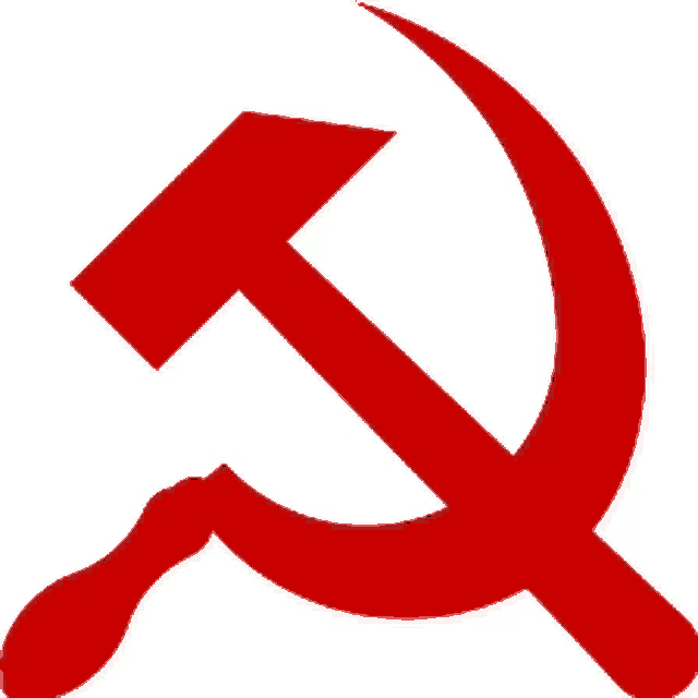 a red hammer and sickle symbol with a white background