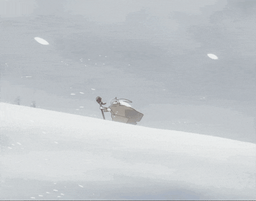 a cartoon rabbit is standing on top of a snowy hill