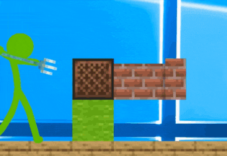 a green stick figure is standing next to a brick wall and a window