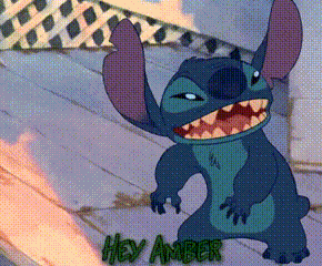 a cartoon of stitch with the words hey amber below it