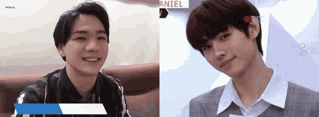 two young men are sitting next to each other in front of a camera with the name aniel on it