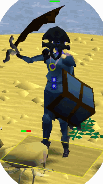 a cartoon character holding a sword and shield with the letter d on his chest