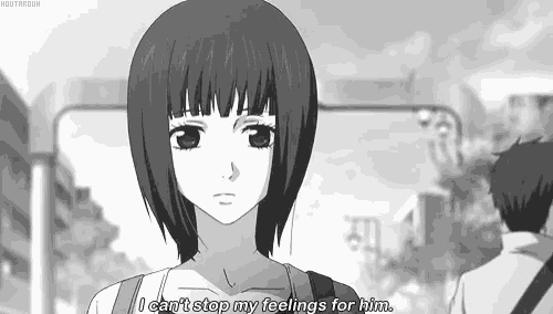 a black and white drawing of a girl with short hair saying `` i can 't stop my feelings for him '' .