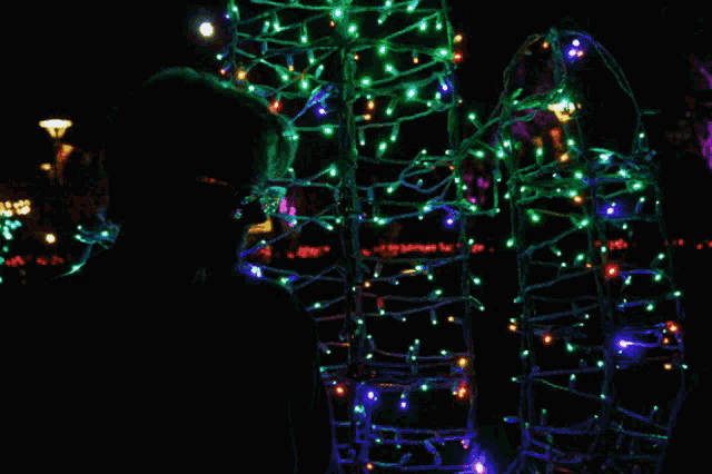 a person is standing in front of a bunch of lights