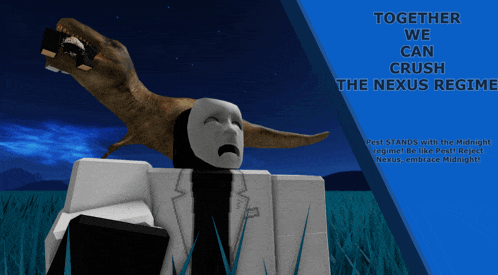 a poster that says together we can crush the nexus regime with a dinosaur and a man