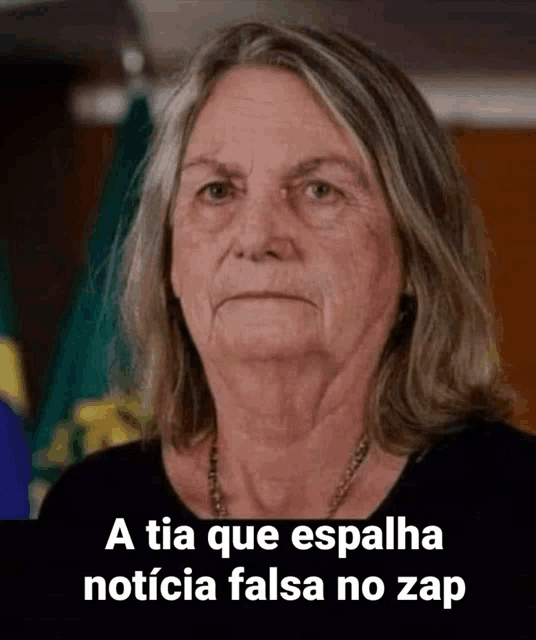 a woman with long hair is looking at the camera with the words a tia que espalha noticia falsa no zap above her