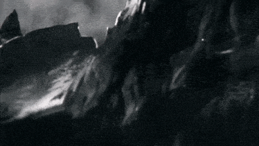 a black and white photo of a rocky cliff with a shark in the background .