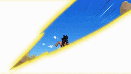 a cartoon character flying through the air with a blue sky behind him