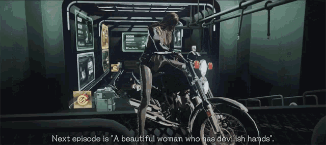 a cartoon of a woman riding a motorcycle with the caption next episode is " a beautiful woman who has devilish hands "
