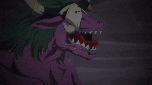 a purple monster with horns and a skull in its head