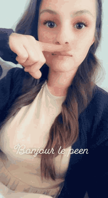 a woman is covering her mouth with her finger and the words bonjour le peen are below her