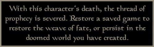 a black sign that says " with this character 's death the thread of prophecy is severed " on it