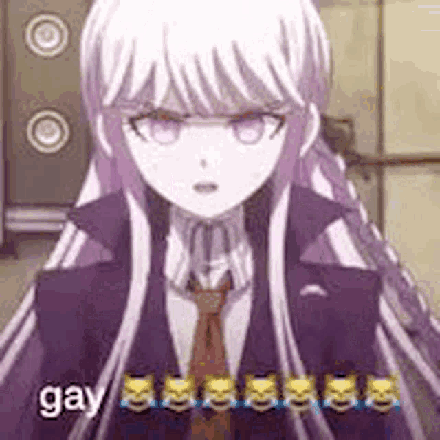 a girl with long purple hair and a tie is wearing a suit and tie and looking at the camera .