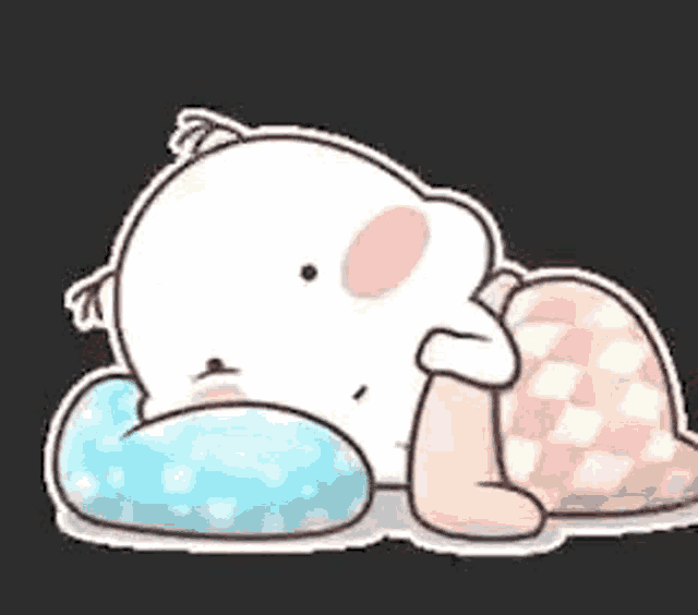 a cartoon of a teddy bear laying on a pillow with his head on a pillow .