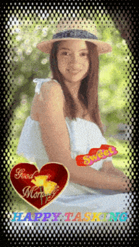 a picture of a woman with a hat and a heart that says " good morning "