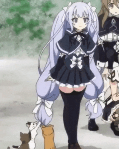 a girl with purple hair is standing next to a cat