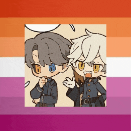 two cartoon characters are standing next to each other in front of a rainbow flag