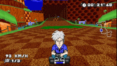 a video game screen shows a man driving a go kart at 93 km / h