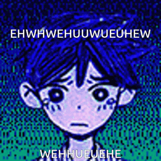 a cartoon of a boy with blue hair and a purple face with tears on his face .