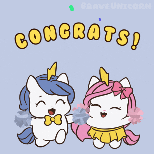a cartoon of two unicorns congratulating each other with the words congrats