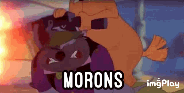 a cartoon character with the word morons on the bottom right
