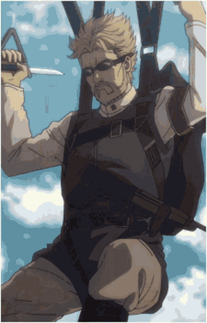 a man is holding a knife in his hand while flying through the air