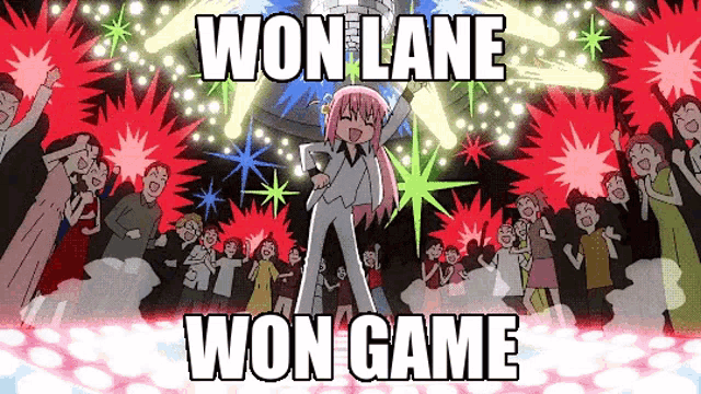 a cartoon of a girl standing in front of a crowd with the words won lane won game