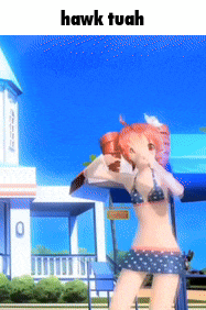a girl in a bikini is standing in front of a building with the word hawk tuah on the bottom