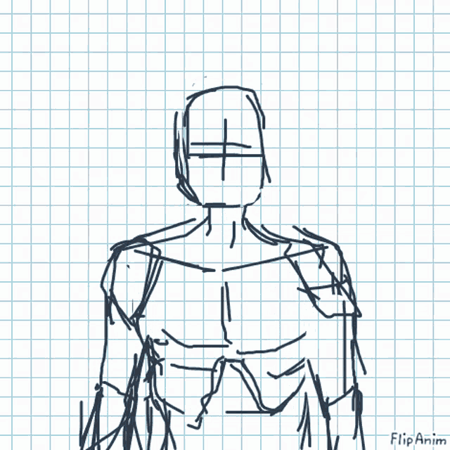 a drawing of a man 's torso on a piece of graph paper with flipanim written on the bottom