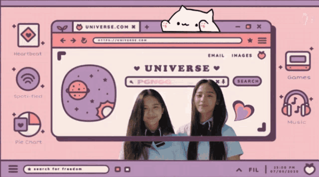 a computer screen with two girls on it and the words universe at the top