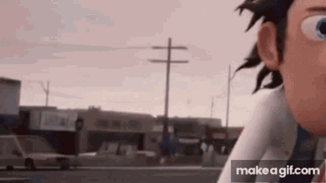 a cartoon character is standing on the side of the road looking at something .