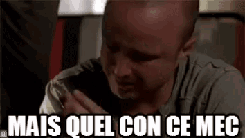 a man is crying with the words mais quel con ce mec written on his face .