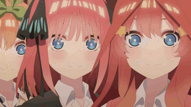 three anime girls with pink hair and blue eyes