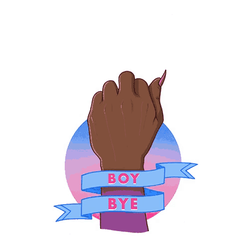 a drawing of a woman 's hand giving the middle finger with a blue banner saying boy bye