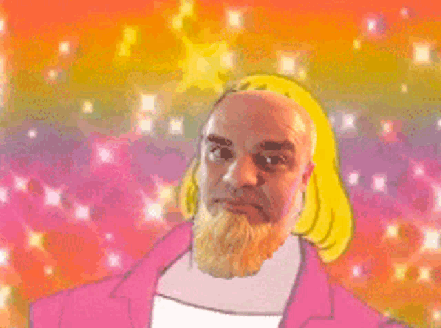 a man with a beard wearing a pink jacket
