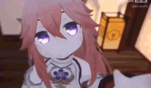 a girl with pink hair and purple eyes is standing next to a lantern .
