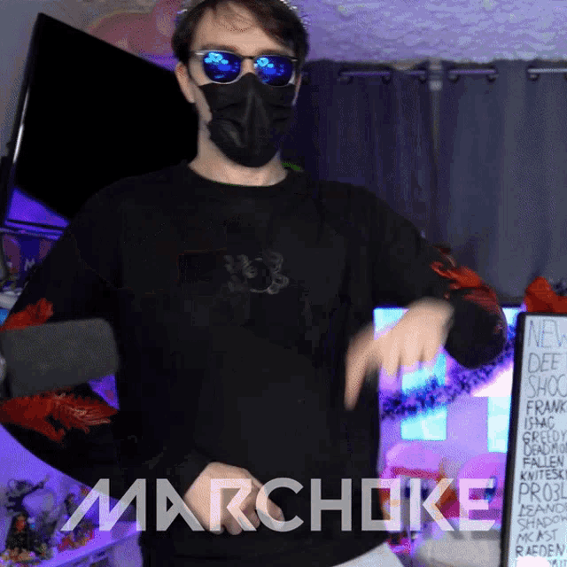 a man wearing a mask and sunglasses has the word marchoke on his shirt