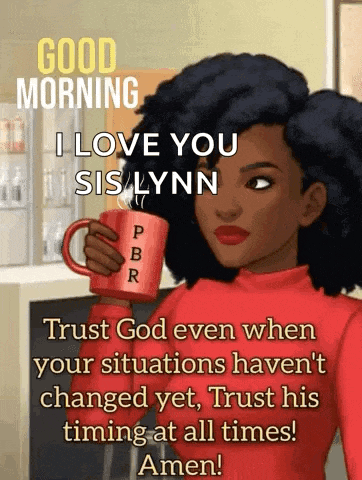 a woman in a red shirt is holding a red coffee mug and says good morning