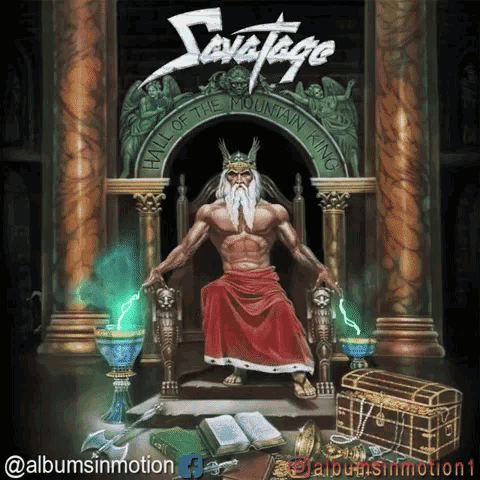 savage hall of the mountain king album cover with a man on a throne