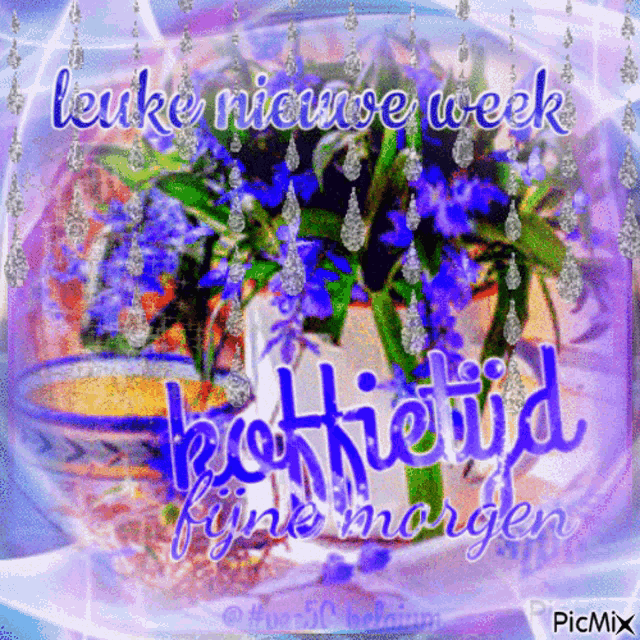 a picture of a vase of purple flowers with the words leuke nieuwe week