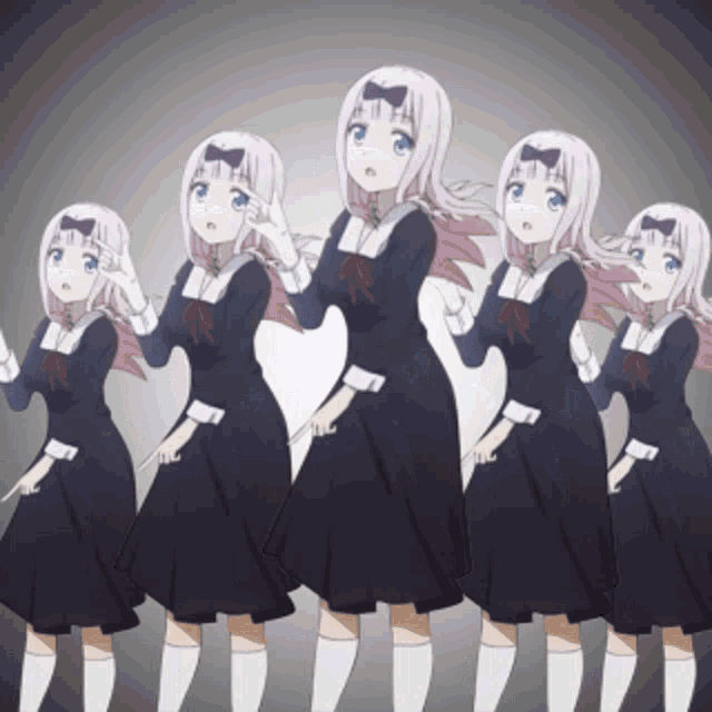 a group of anime girls in black dresses are standing in a line