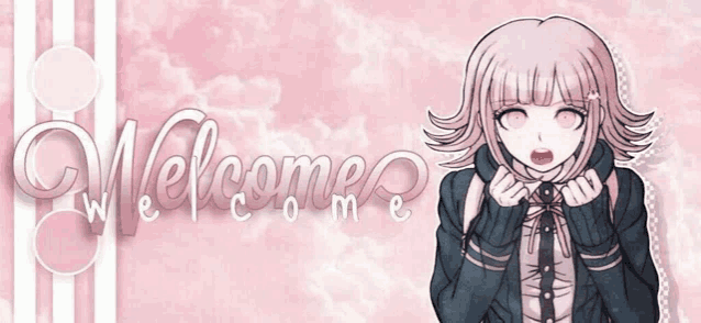 a pink background with a girl and the words welcome