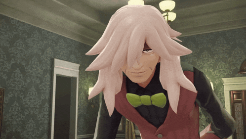 a cartoon character with long white hair and a bow tie