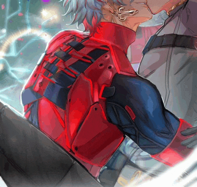 a drawing of a man in a red jacket kissing another man