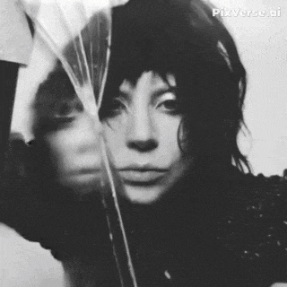 a black and white photo of a woman behind a glass with pixverse ai written on the bottom