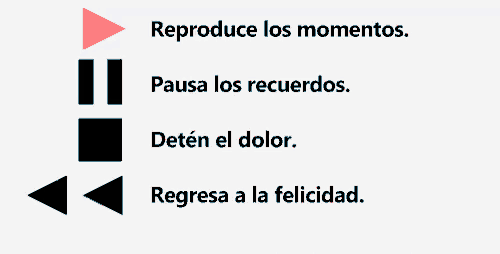 a black and white graphic with the words reproduce los momentos pausa los recuerdos and deten el dolor