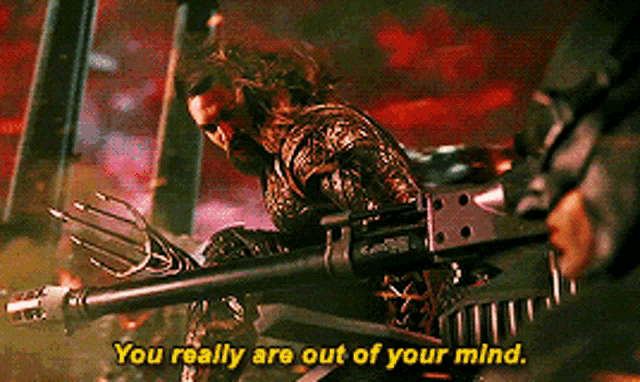a man is holding a trident and saying you really are out of your mind .