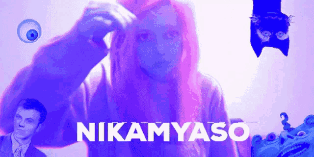 a girl with pink hair is standing in front of a sign that says nikamyaso
