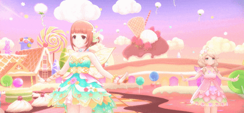 a girl in a fairy costume stands in a candy land