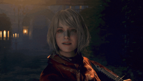 a woman is holding a bloody knife and smiling at the camera
